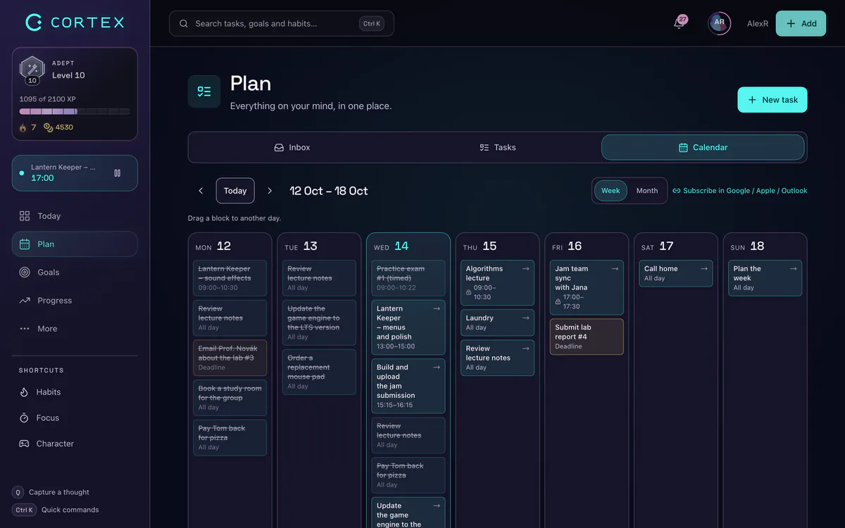 Time blocking in the CORTEX calendar week view