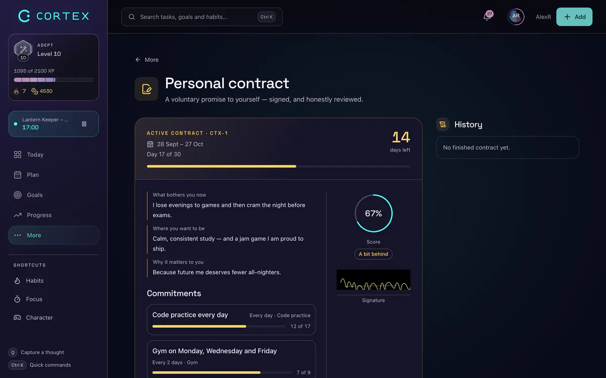 Commitment contract template in CORTEX: 30-day contract with pillars, a why and a signature