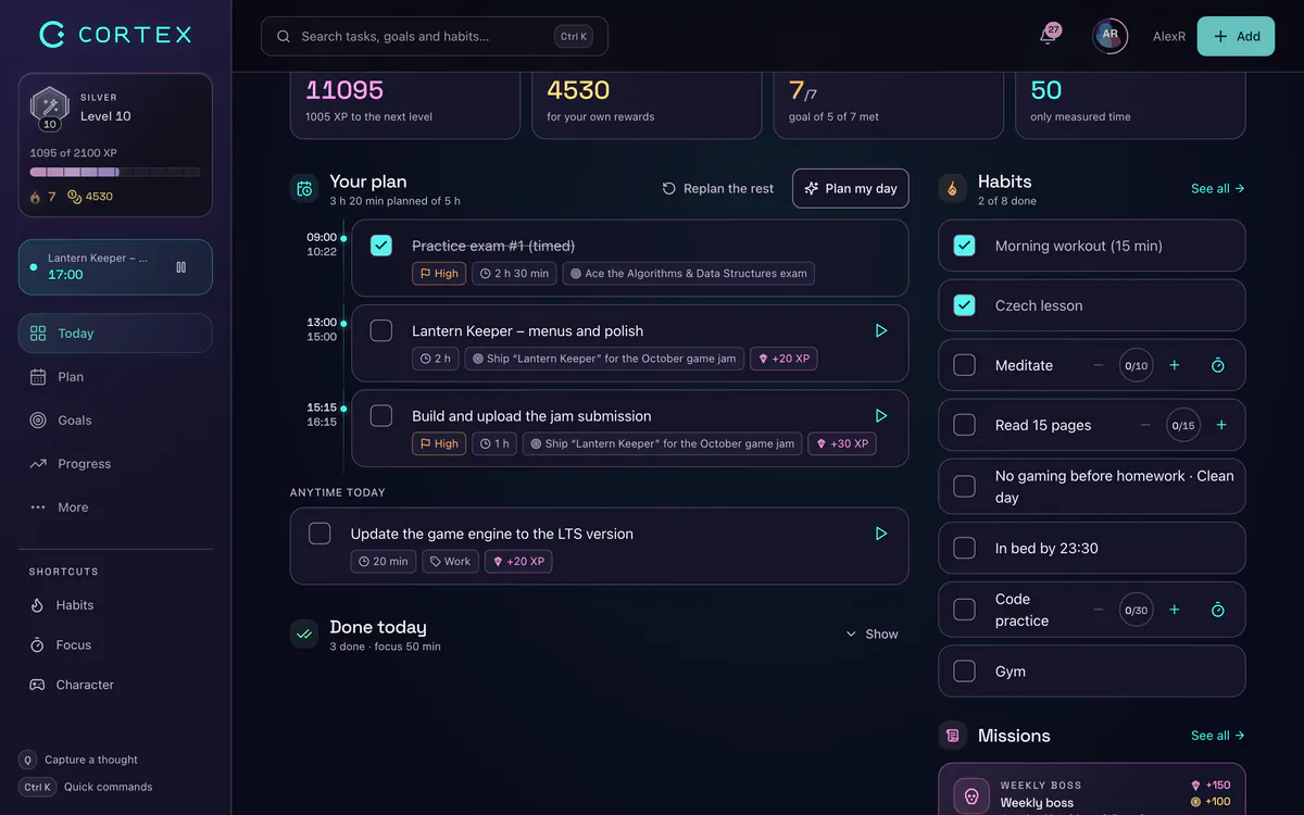 Time blocking app: CORTEX Plan My Day auto-scheduling tasks into a time-blocked day
