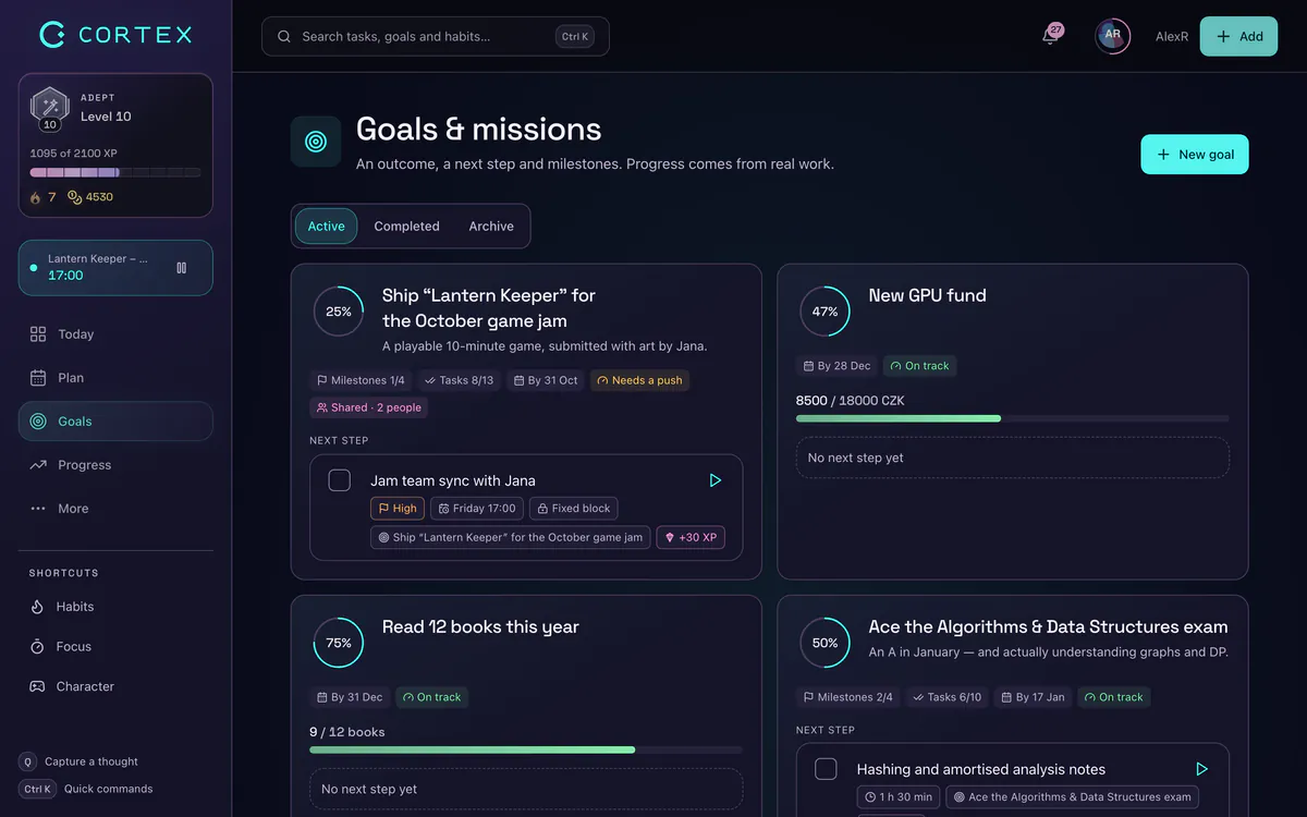 SMART goals tracked in CORTEX with deadlines and progress