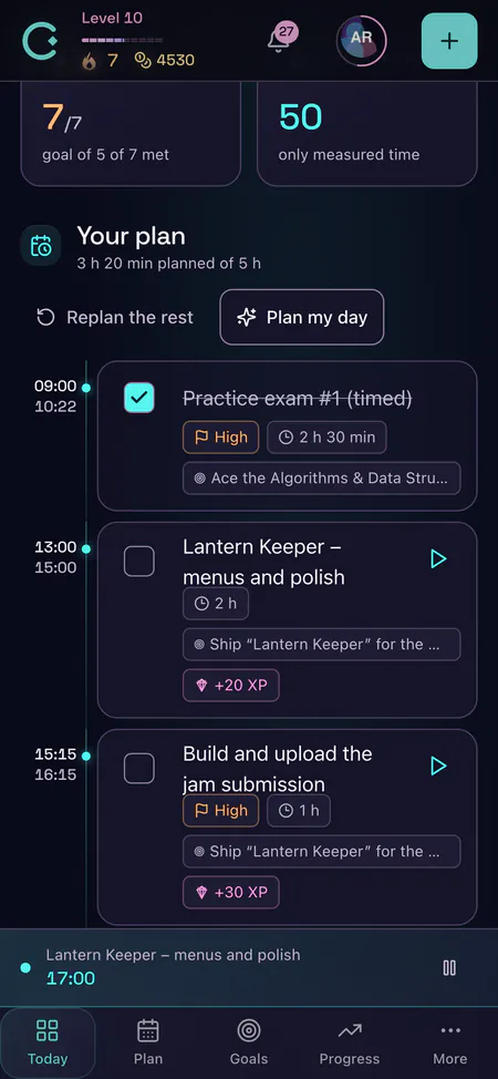 Day planner app on mobile – CORTEX Plan My Day on a phone