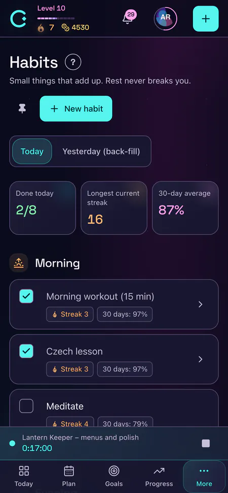 CORTEX mobile app: good habits and bad habits
