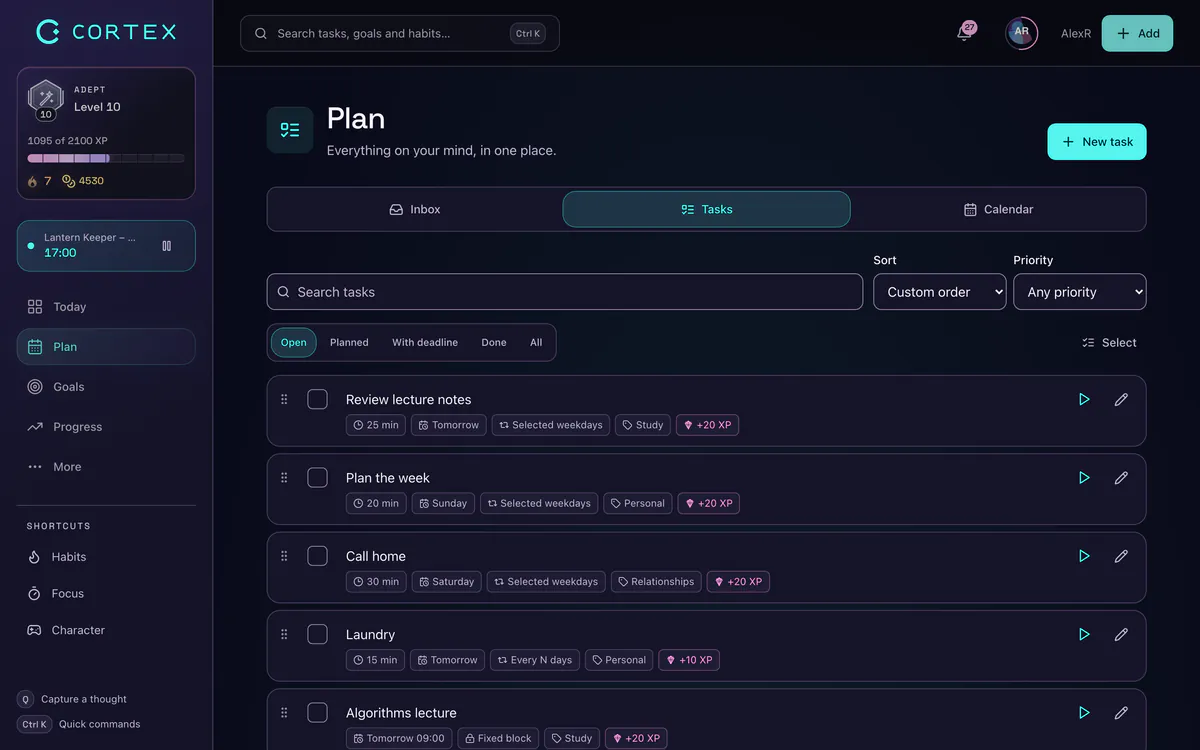 Getting Things Done next actions list in the CORTEX task planner