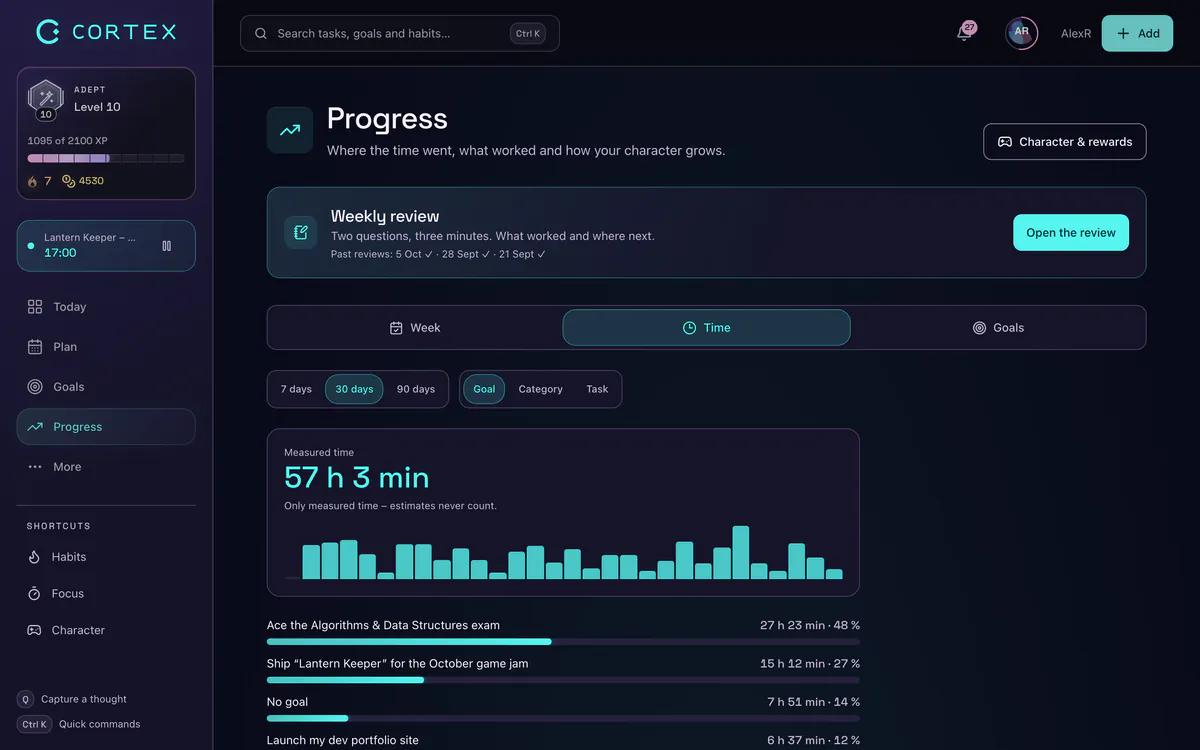 Time tracking app reports in CORTEX – hours per project with CSV and PDF export