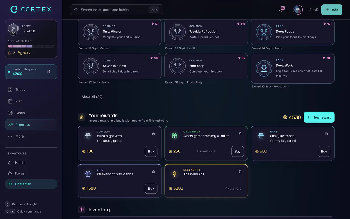 Dopamine menu rewards in the CORTEX reward shop