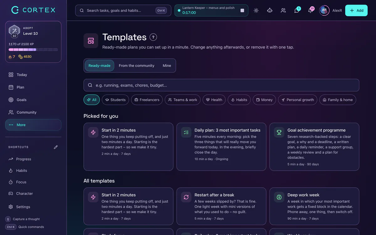 Free goal and plan templates in the CORTEX app
