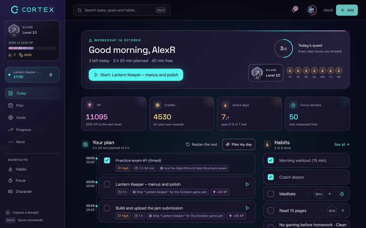 Gamification example in a productivity app: CORTEX Today screen with work timers and habits